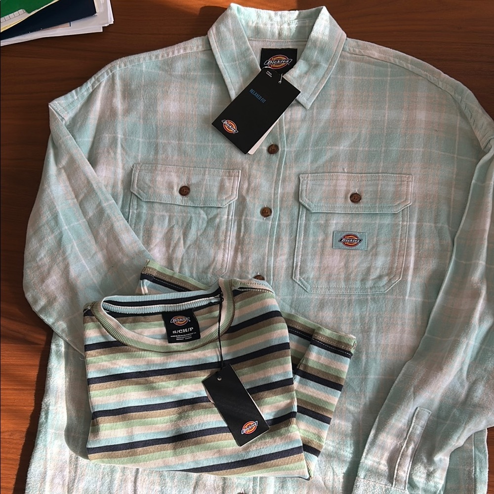 Dickies Mint Plaid Shirt and Striped Tee Combo